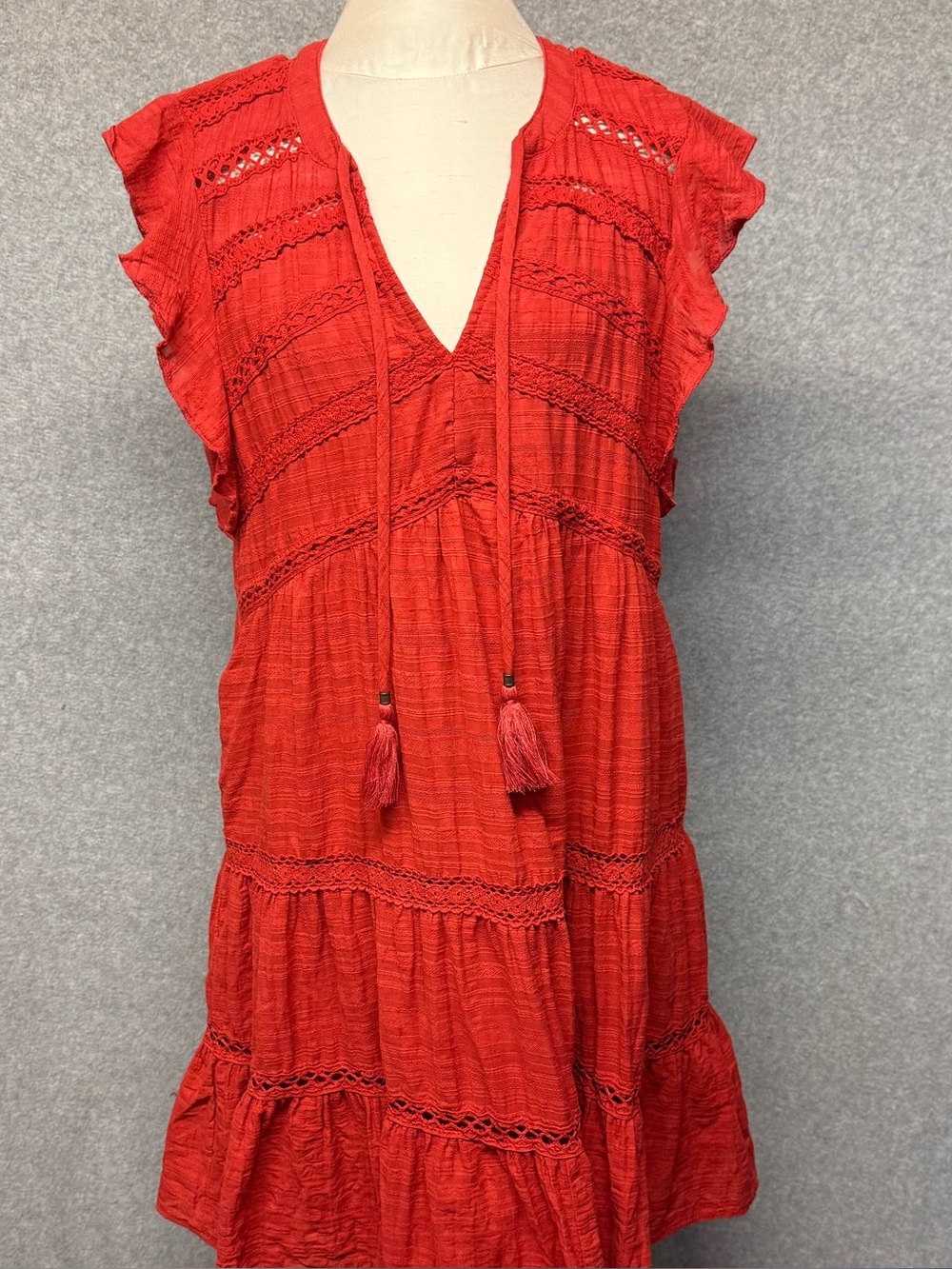 Knox Rose Cotton Red Ruffles Cap Sleeve V-Neck Tiered Smock Dress Size Large